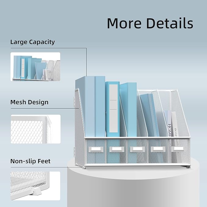 SUPEASY Desk Organizers Metal Desk Magazine File Holder with 5 Vertical Compartments Rack File Organizer for Office Desktop, Classroom, Home Workspace, White - Image 5