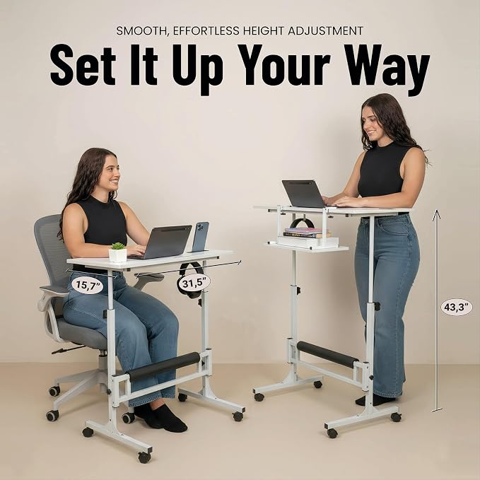 Small Rolling Desk with Wheels, Adjustable Height 27"-43.3" Portable Standing Desk, 31.5"x15.7" Tabletop, Mobile Laptop Computer Table for Home Office Workstation, White - Image 3