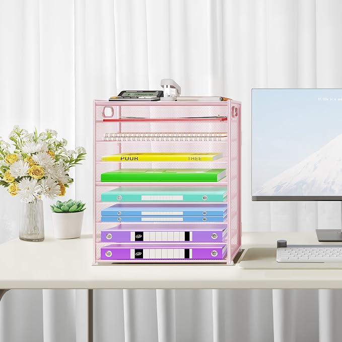 Cawukege 9 Tier Paper Organizer with Handle, Large Capacity Desk Organizer Mesh Paper Letter Tray File Folder Document Sorter for Classroom and Office Accessories Organization- Pink (2 Pack) - Image 6