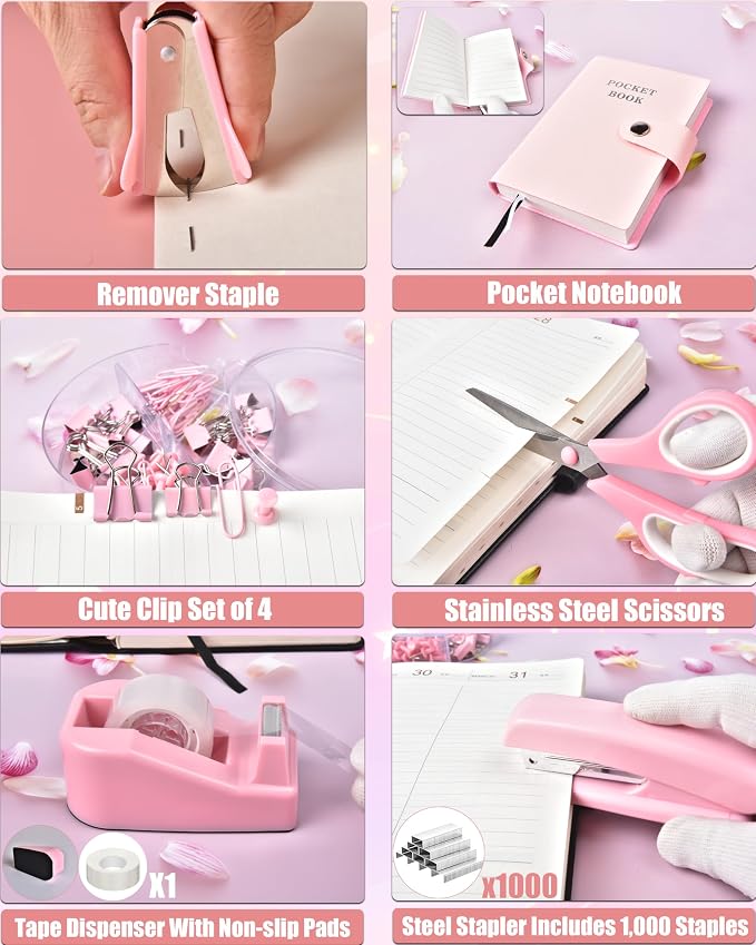 LXEVIHK 21Pcs Pink Desk Organizers and Accessories With Mesh Desk Organizer and 360°Rotating Pen Holder and a Lot of Office Pink Office Supplies Beautifully Presented in a Gift Box - Image 5