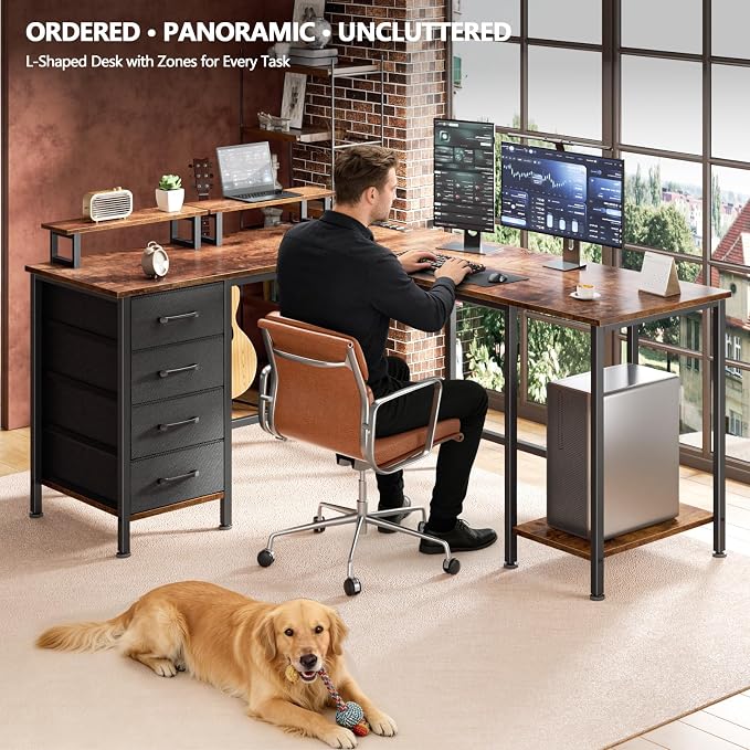 Korfile 59 inch L Shaped Computer Desk with Power Outlets, Rustic Brown | Ideal for Home Office, Bedroom, Corner, 4 Adjustable Storage Drawers, 2 Monitor Stands, Reversible, Two Person Gaming Table - Image 8