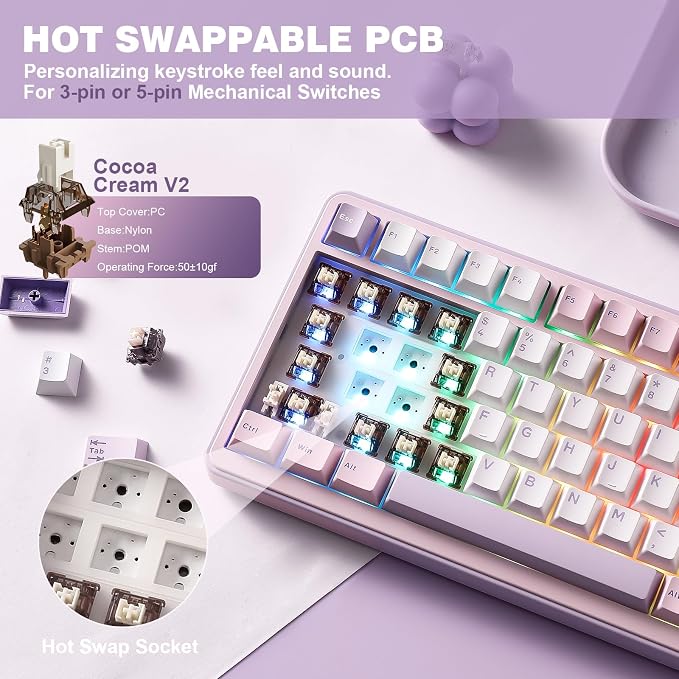YUNZII B75 PRO 75% Wireless Mechanical Keyboard (Purple, Cocoa Cream V2) | Hot Swap Keyboard with Knob, Gasket Mount, Creamy Pre-lubed Switch for Smooth Typing, BT/USB-C/2.4G, for Gaming - Image 5