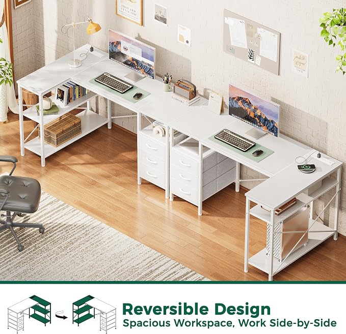 Huuger L Shaped Office Desk with Power Outlets, 47 Inch Computer Desk with 3 Drawers, Shelves, for Gaming, Corner Work, Home Office, Study, White - Image 4