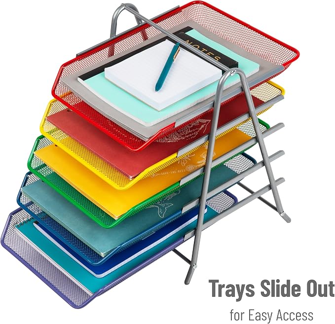 Mind Reader 5-Tier Paper Tray Organizer with Multicolor Trays, Classroom File Organizer for Teachers, Metal Mesh, Assorted Colors - Image 4
