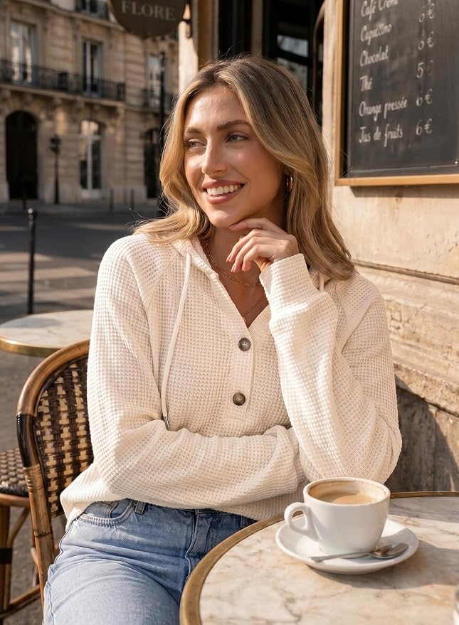 Dokotoo Hoodies for Women Waffle Knit Long Sleeve Drawstring Button V Neck Casual Sweatshirt Hooded Tops Fashion Clothing - Image 5