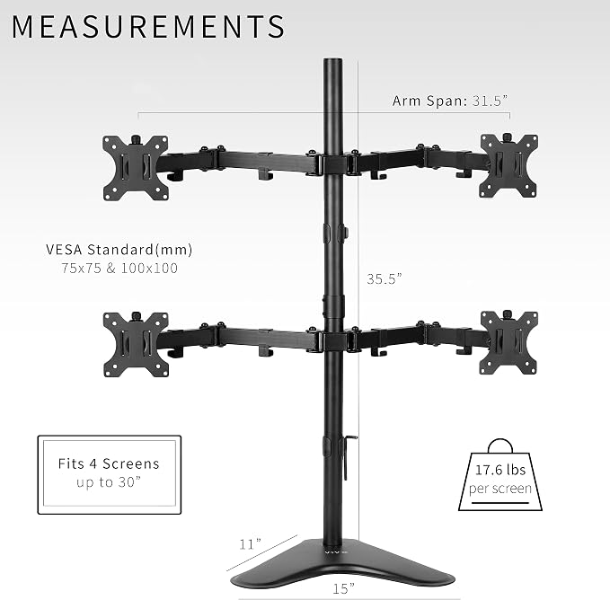 VIVO Quad 13 to 30 inch Monitor Free-Standing Mount, Fully Adjustable Desk Stand, Holds 4 Flat or Curved Display Screens, STAND-V004F - Image 6