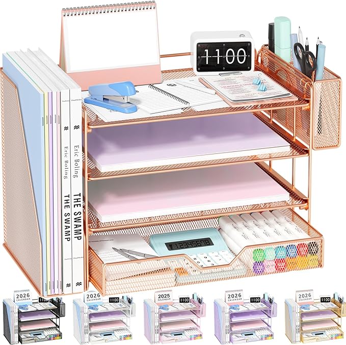 OPNICE Desk Organizers and Accessories, 4-Tier Desktop File Organizer with Drawer and Pen Holders, Office Desk Accessories Workspace Organizers for Office Supplies (Rose Gold) by OPNICE