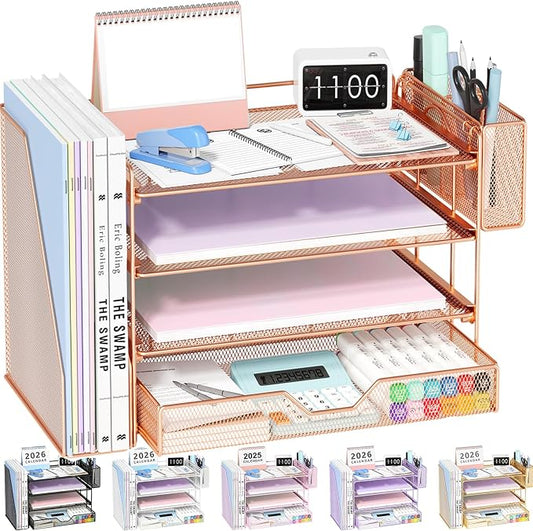 OPNICE Desk Organizers and Accessories, 4-Tier Desktop File Organizer with Drawer and Pen Holders, Office Desk Accessories Workspace Organizers for Office Supplies (Rose Gold) by OPNICE