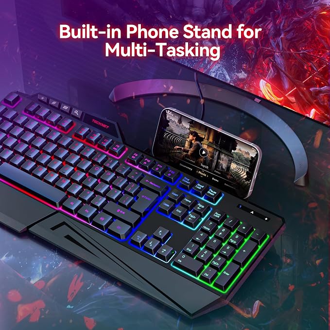 TECKNET Wired RGB Gaming Keyboard - 26-Key Anti-Ghosting, 13 Lighting Modes, Spill-Resistant, 108 Membrane Keys, Plug & Play - with Ergonomic Wrist Rest & Phone Holder for Windows/Mac (Black) - Image 5