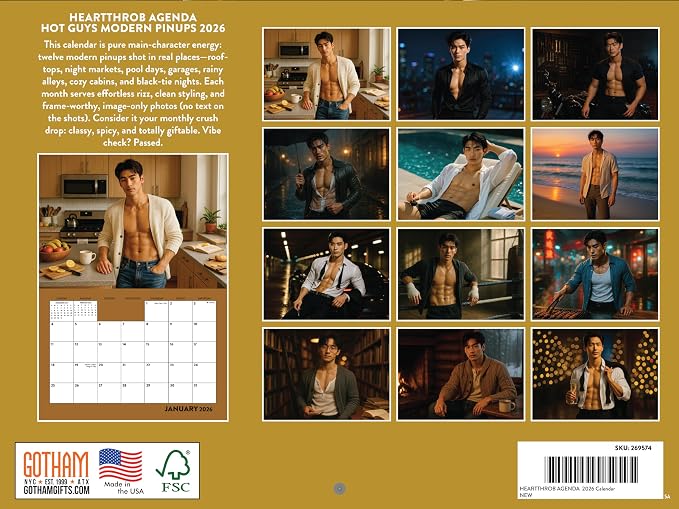 Heartthrob Asian Hot Guys Pinups Wall Calendar 2026 Monthly Calender 12 Month | American Made In The USA - Image 2