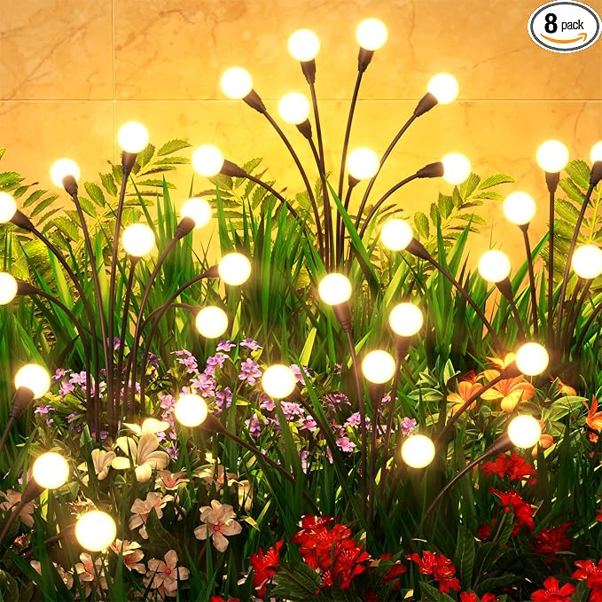 8 Pack Solar Garden Lights 64 LED, Solar Lights Outdoor Waterproof IP65, Decorative Garden Lights Solar Powered for Yard Decor, Outside Solar Firefly Fairy Lights Garden Gifts by Cnuoky