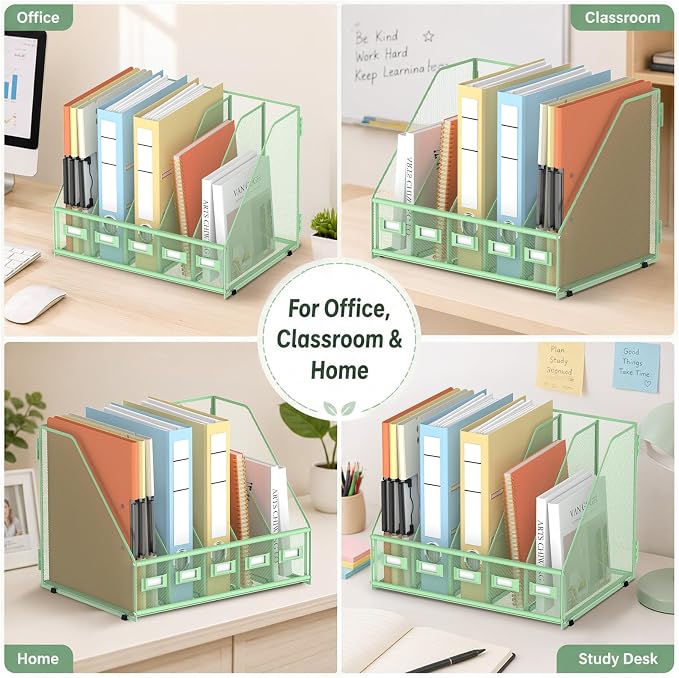 SUPEASY Desk Organizers Metal Desk Magazine File Holder with 5 Vertical Compartments Rack File Organizer for Office Desktop, Classroom, Home Workspace, Green, Plus - Image 4