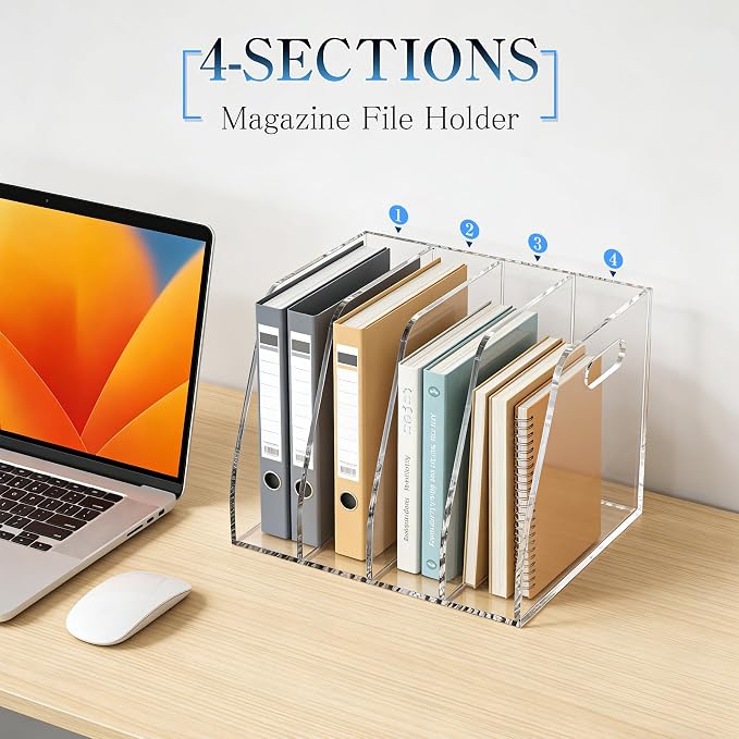 4-Tier Clear Acrylic File Holder, Vertical Document Organizer for Magazines, Binders, Notebooks & Envelopes - Multi-Purpose Desk Storage for Home Office（B5,4 Sections） - Image 3