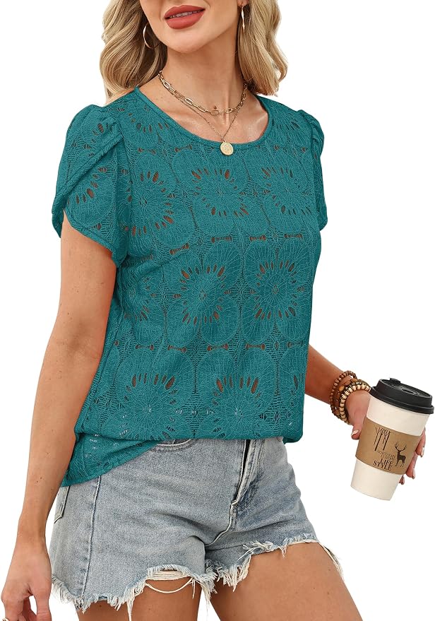 OFEEFAN Blouses for Women Dressy Casual Petal Short Sleeve Shirts Crochet Lace Boho Tops Spring Fashion Summer Outfits - Image 4