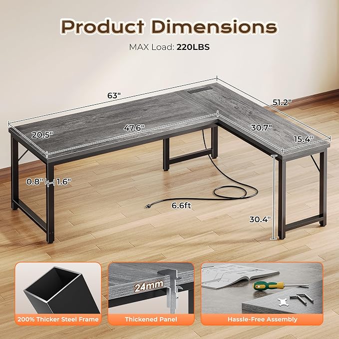 Huuger 63 Inch L Shaped Desk with Power Outlets and USB-C Port, Reversible Computer Desk, Larger Office Corner Gaming Desk, 0.95 Inch Thicker Desktop, Metal Frame, for Home Office, Study, Grey - Image 3