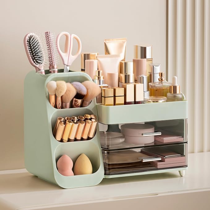 HBlife Makeup Organizer with Brush Holder for Vanity, Large Plastic Bathroom Countertop Organizer Skin Care Storage, Easy to Store Lipsticks, Nail Polishes, Perfumes, Eyeshadow Palettes, Green - Image 2