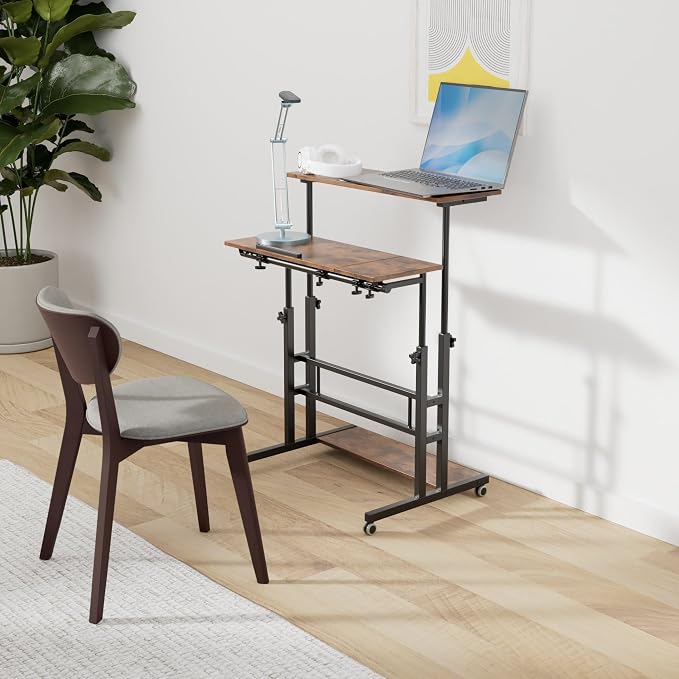 Hadulcet Mobile Standing Desk Adjustable Height, Rolling Desk Stand Up Desk, Mobile Laptop Desk, Rolling Computer Desk with Charging Station, Portable Desk with Wheels, Rustic Brown - Image 2