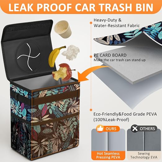 Vankor 3 Gallons Car Trash Can with Lid, Bag Bin Hanging Waterproof Automotive Car Garbage Cans Leak Proof Vehicle Trash Can for Truck SUV,Colorful Leaves - Image 3