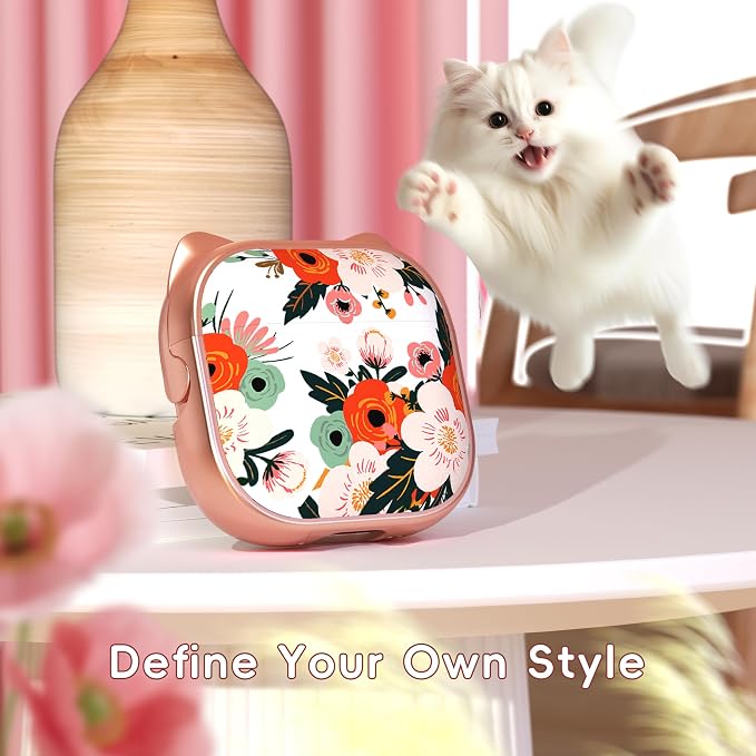 for AirPods 4 Case with Cleaning Kit, Cute Cat Ear Print Design & Cute Buckle, Inverted Phone Holder Design, Top Safe Lock Buckle Design, for Girls AirPods 4 case 2024, Rose Gold Flower - Image 2