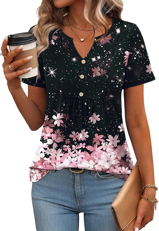 Zeagoo Womens Short Sleeve Tops Summer Henley V-Neck Tshirts Casual Pleated Blouse Dressy Loose Floral Basic Tee by Zeagoo