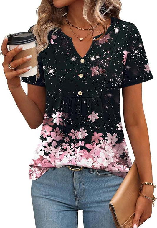 Zeagoo Womens Short Sleeve Tops Summer Henley V-Neck Tshirts Casual Pleated Blouse Dressy Loose Floral Basic Tee by Zeagoo