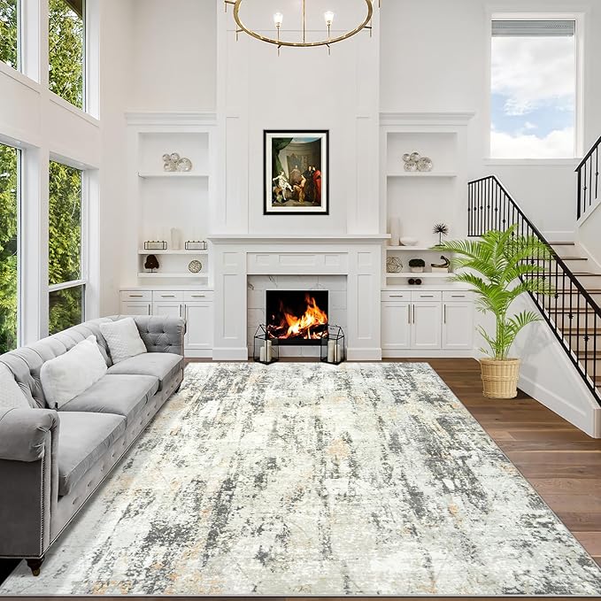 8x10 Area Rugs Washable Rug: Modern Abstract Living Room Rug Soft Anti-Skid Thin Carpet Indoor Floor Non-Shedding Carpets for Bedroom Dining Room Farmhouse Nursery Home Office Grey Brown by GENTDRIZZ