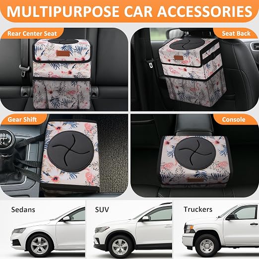Vankor Cute Car Trash Can, Car Accessories for Women Interior Can Trash Bag Hanging Automotive Garbage Cans Pink Flamingo - Image 5
