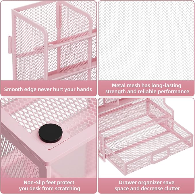 Marbrasse Larger Mesh Desk Organizer with Drawer, Multi-Functional Pen Pencil Holder, Easy Assembly, Desk Organizers and Accessories for Office Art Supplies (Pink) - Image 6