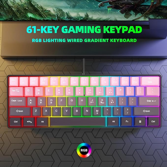 Snpurdiri 60% Wired Gaming Keyboard, Pink-Black | 61 Keys, RGB Backlit Ultra-Compact Small Gaming Keyboard for PC/Mac Gamer, Typist, Travel, Easy to Carry on Business Trip - Image 7