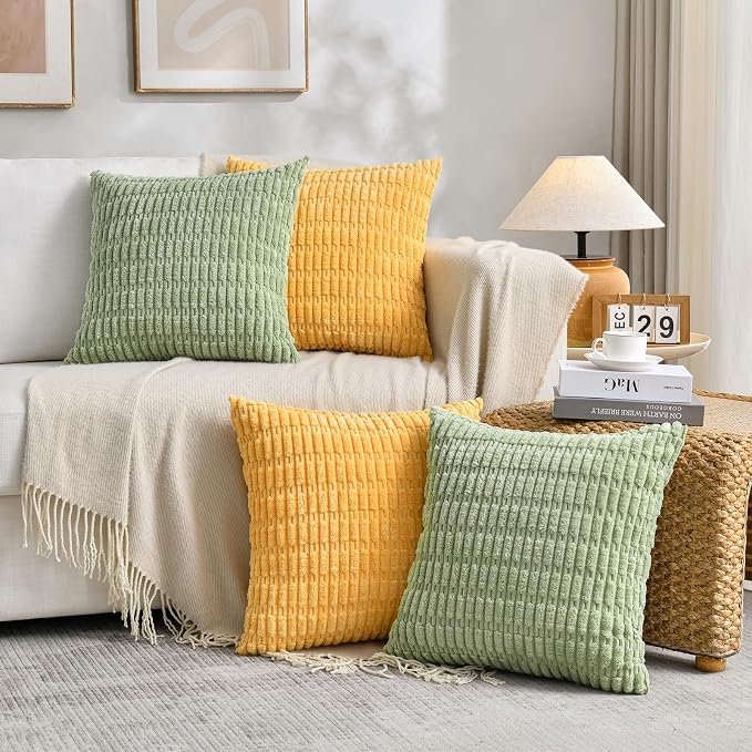 Fancy Homi 4 Packs Decorative Throw Pillow Covers for Living Room Couch Bed, Modern Farmhouse Boho Home Décor Accent Cushion Case, 16" x 16", Yellow Green Series - Image 6