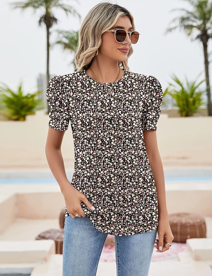 Ivicoer Puff Short Sleeve Shirt for Women Eyelet Tops Summer Crewneck Blouse Loose Fit S-XXL - Image 2