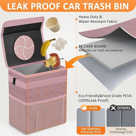 Vankor Car Trash Can Cute Trash Bag Bin Hanging Waterproof Automotive Garbage Cans Leak Proof Vehicle Trash Can Diamond Pattern-Pink - Image 3