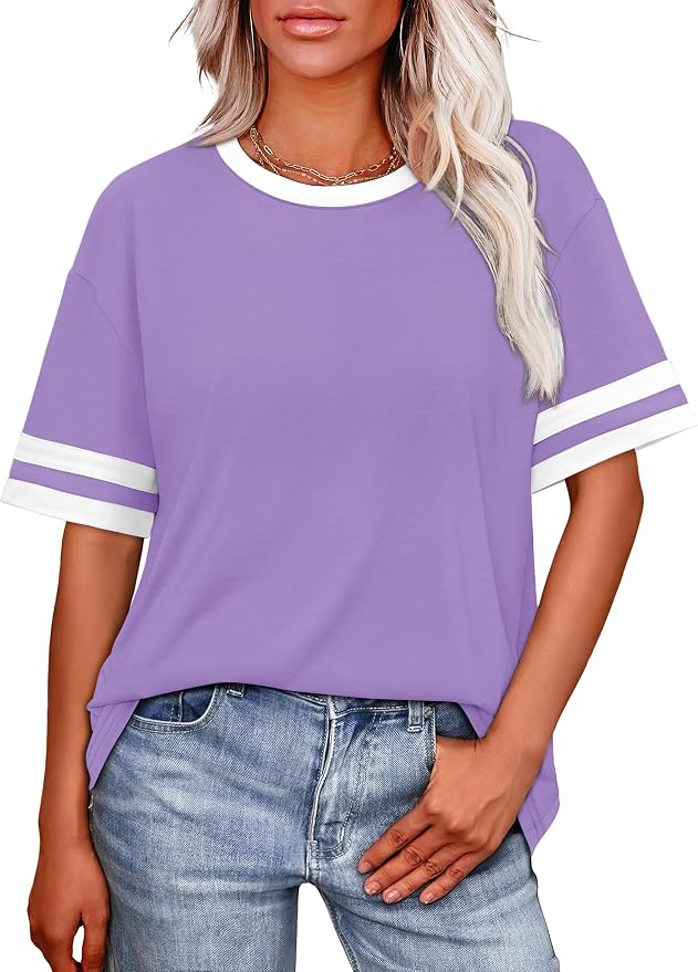 WIHOLL Womens T Shirts Loose Fit Short Sleeve Tees Crew Neck Color Block Summer Tops 2026 Fashion - Image 2