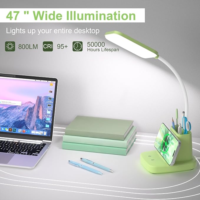 LED Desk Lamp with 10W Wireless Charging & Pen Holder, Light Green | CRI 95, 800LM, Stepless Dimming, 3 Modes, 360°Flexible Arm, Touch, Study Table Lamp for Home Office, Dorm Room, with Adapter - Image 7