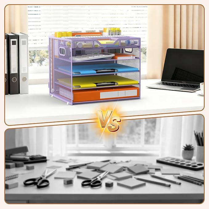 Docnest 5 Tier Desk Organizer with Hanging File Folder Holder&Tray, Purple | Features 3 detachable pen holders and 4 removable dividers.Versatile mesh desktop storage for mail, document,office supplie - Image 5