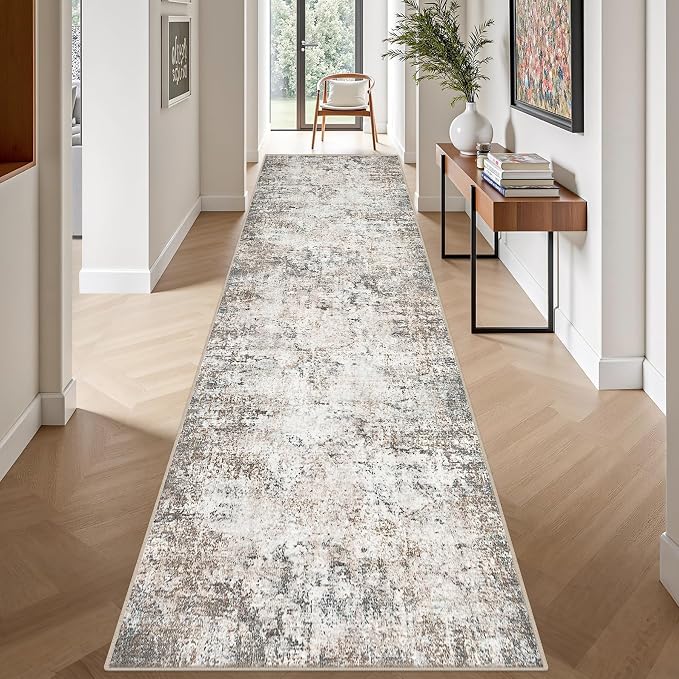 Washable Area Rug 3x14 Entryway Rug: Washable Modern Abstract Soft Thin Rug Indoor Floor No Slip Stain Resistant Carpet for Bedroom Dining Room Farmhouse Nursery Home Office - Brown Grey - Image 4