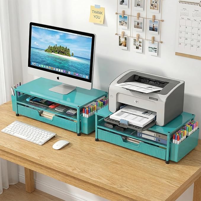 ECOLOVI Desk Organizer and Accessories, 2-Tier Computer Monitor Stand Rise with Storage Drawer & 2 Pen Holders, Laptop & Printer Stand for Desktop, Workspace Organizers for Office Supplies (Blue) - Image 8