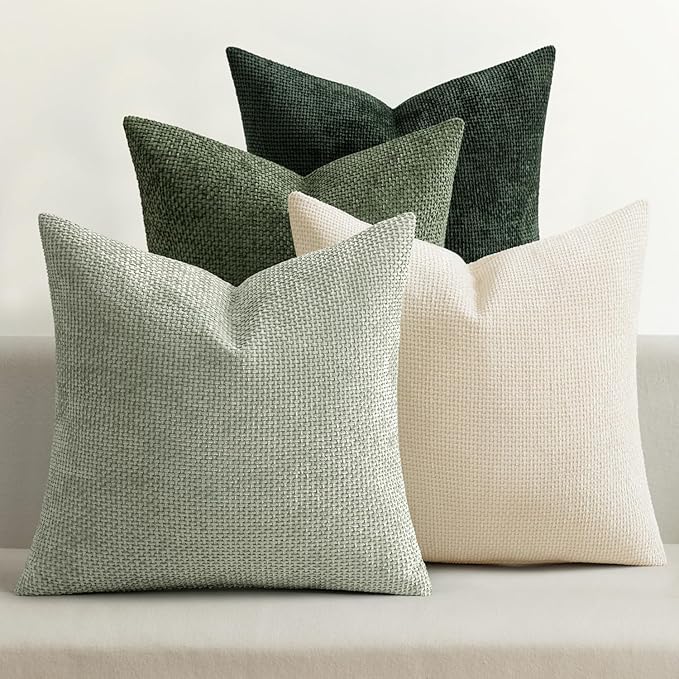 MIULEE Pack of 4 Couch Throw Pillow Covers 16x16 Inch Neutral Green Soft Decorative Chenille Pillow Covers Farmhouse Accent Cushion Covers for Boho Spring Home Decor Sofa Bedroom Living Room by MIULEE