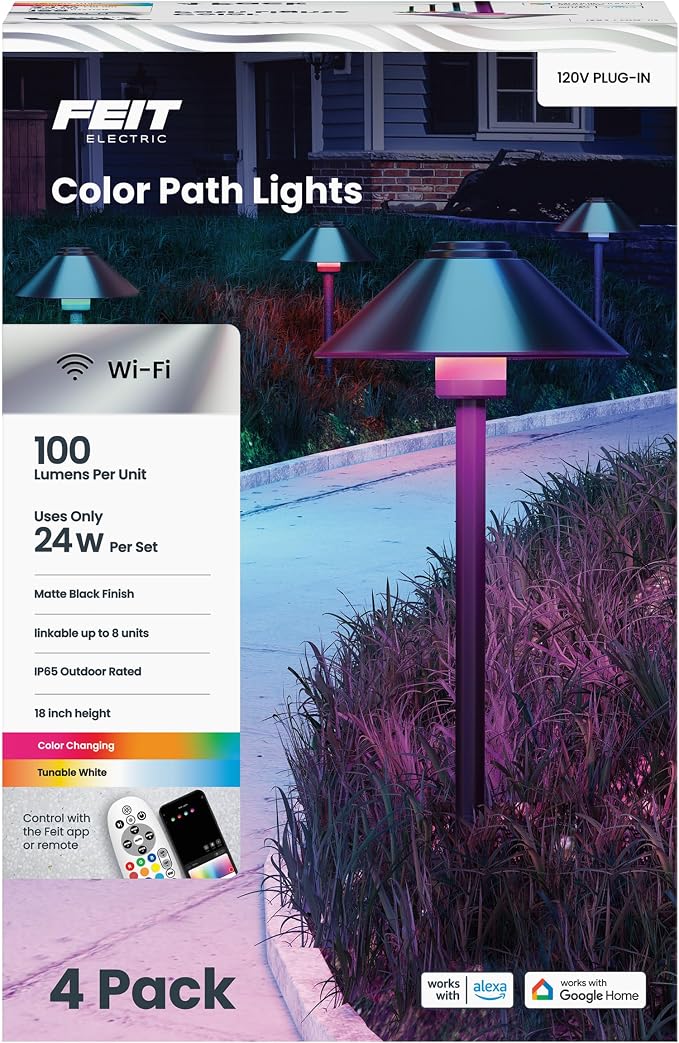 Feit Electric Smart Outdoor Cone Path Lights, 100 Lumens, Color Changing & Tunable White, Music Sync, Works with Alexa & Google Home, App & Remote Control, 15,000-Hour Lifetime, PATH/RGBW/AG/4, 4-Pack - Image 3