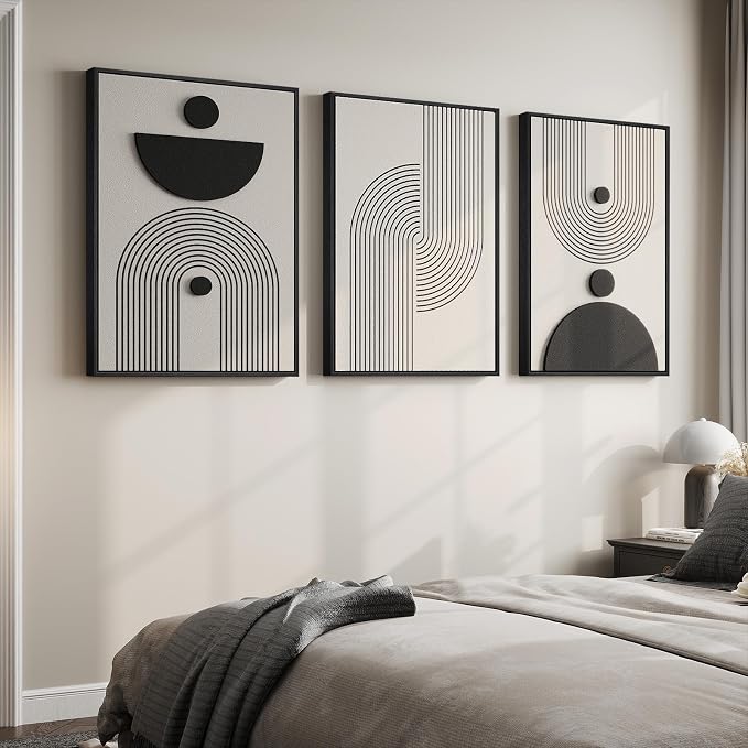 Large 3D Textured Framed Black and White Abstract Wall Art for Living Room, 3 Piece Modern Geometric Paintings, Minimalist Neutral Relief Pictures for Dining Bedroom Hallway Office Wall Decor, 24x36 In - Image 4