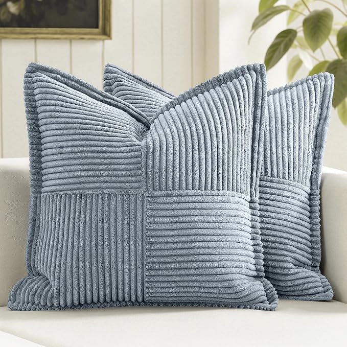 MIULEE Decorative Throw Pillow Covers for Couch Bed Livingroom 18x18 Inch Set of 2 Dustyblue Boho Accent Throw Pllows Broadside Striped Patchwork Soft Corduroy Pillowcases by MIULEE
