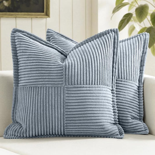 MIULEE Decorative Throw Pillow Covers for Couch Bed Livingroom 18x18 Inch Set of 2 Dustyblue Boho Accent Throw Pllows Broadside Striped Patchwork Soft Corduroy Pillowcases by MIULEE