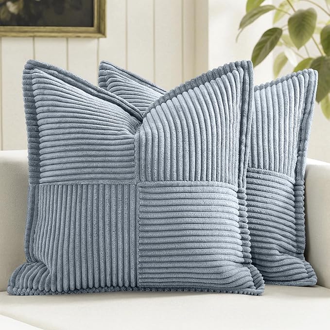 MIULEE Decorative Throw Pillow Covers for Couch Bed Livingroom 16x16 Inch Set of 2 Dustyblue Boho Accent Throw Pllows Broadside Striped Patchwork Soft Corduroy Pillowcases by MIULEE
