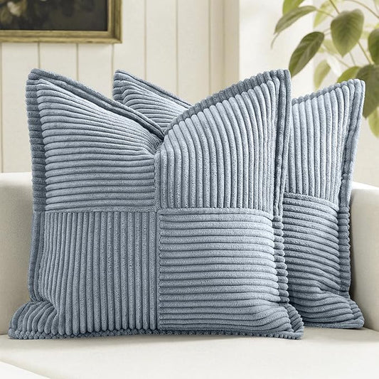 MIULEE Decorative Throw Pillow Covers for Couch Bed Livingroom 16x16 Inch Set of 2 Dustyblue Boho Accent Throw Pllows Broadside Striped Patchwork Soft Corduroy Pillowcases by MIULEE