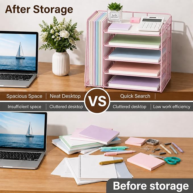 OPNICE Desk Organizer, 5-Tier Paper Organizer Letter Tray with Magazine Holder, Office Desk Accessories & Workspace Organizers, Desktop File Organizer for Office Supplies Storage, Pink - Image 2