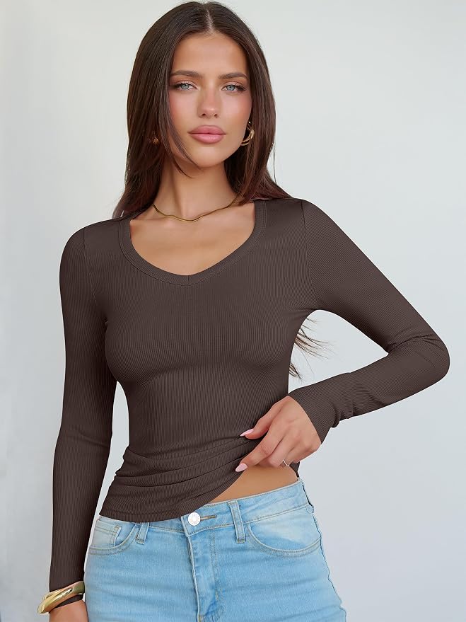 ANRABESS Long Sleeve V Neck Shirts for Women | Soft Comfy Ribbed Knit Fitted Tshirts, Casual Going Out Tops, 2026 Trendy Basic, Fall Winter Underscrub Layering Clothes - Image 6