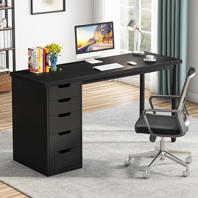 Tribesigns Computer Desk with 5 Drawers, 47 inches Rustic Brown Home Office Desk with Storage, Modern Simple Laptop Desk Study Writing Table for Small Spaces (1, Black) - Image 3