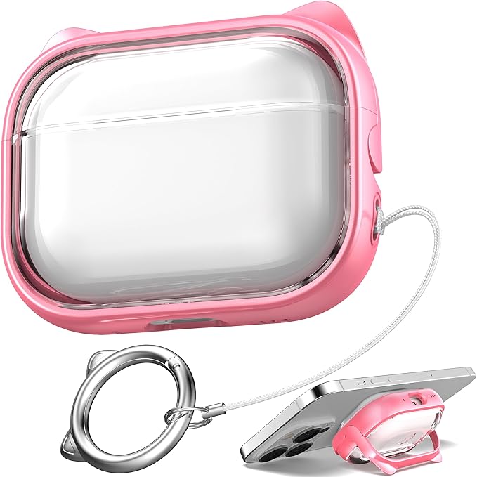 for AirPods Pro 2 Case with Cleaning Kit, Cute Cat Ear Print Design & Cute Buckle for Girls, Phone Holder & Top Safe Lock Buckle Design for AirPods Pro 2nd/1st Gen case, Clear Flowers by MHYALUDO