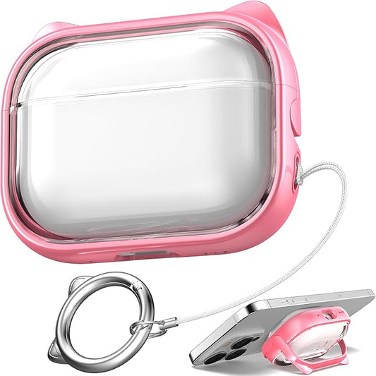 for AirPods Pro 2 Case with Cleaning Kit, Cute Cat Ear Print Design & Cute Buckle for Girls, Phone Holder & Top Safe Lock Buckle Design for AirPods Pro 2nd/1st Gen case, Clear Flowers by MHYALUDO