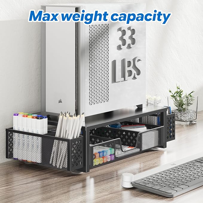 Simple Trending Metal Monitor Stand Riser, Drawer & 2 Pen Holders, Black | 2-in-1 Desk Organizer & Monitor Stand | Sturdy Metal | Ergonomic Support | Space Saving | Easy Setup - Image 5